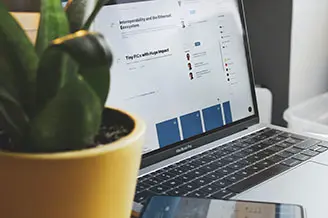 Bærbar PC med en nettside åpen, ved siden av en potteplante